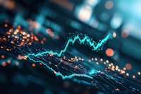 Financial market data visualization showing glowing blue trading chart with orange bokeh lights on dark background, representing stock market analysis.