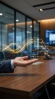 Businessman hand presenting glowing digital network connections and data flow in modern office environment for technology presentations.