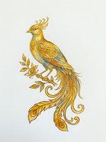 Golden ornamental bird perched on decorative branch with flowing feathers and leaf details, isolated on white background for design, print, and textile applications.