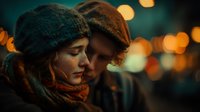 Young couple in winter hats sharing intimate moment with warm bokeh lights creating romantic evening atmosphere for seasonal love concepts.