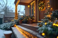 Cozy winter porch decorated with warm glowing string lights and evergreen plants covered in fresh snow, creating magical holiday atmosphere at dusk.