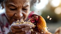 Senior African American woman feeding colorful rooster with grain outdoors, sharing heartwarming moment with farm animal in natural sunlight setting.