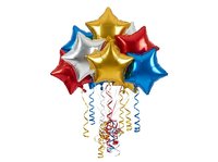 Isolated bunch of colorful foil star balloons in red, blue, gold and silver with hanging ribbons and confetti on white background. Perfect for party decorations, celebrations, and festive event designs.