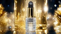 Luxury cosmetic dropper bottle with black cap on golden bokeh background with sparkles and glowing lights. Premium skincare serum packaging design.