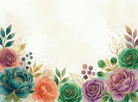 Watercolor floral background with colorful roses, peonies, and gold leaves on cream, perfect for cards, invitations, and wedding designs.