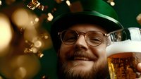 Cheerful bearded man in green hat and glasses holding beer mug during St Patrick's Day celebration with festive bokeh lights and decorations in background.