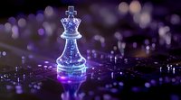 Digital chess king piece glowing with blue neon light on reflective surface against dark background with bokeh effects and circuit board patterns.