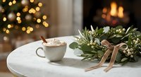Cozy holiday scene with hot cocoa cup and festive wreath on white table. Warm Christmas lights and fireplace create magical winter atmosphere at home.