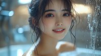Young Asian woman with natural makeup and gentle smile behind glass with water drops, soft bokeh background creates dreamy atmosphere. Romantic portrait in blue tones.