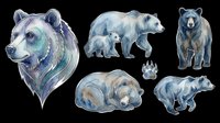 Watercolor bear illustrations in blue and gray tones, isolated on transparent background. Includes adult bears and cubs in various poses, plus paw print. Ready for t-shirt design, clipart, stickers, sublimation and print-on-demand projects.