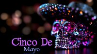 Decorative skull with colorful lights and sparkles for Cinco de Mayo celebration against dark background with bokeh effects for festive designs.