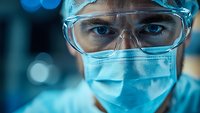 Close-up portrait of medical professional wearing protective goggles and surgical mask in hospital setting with dramatic blue lighting and bokeh background.