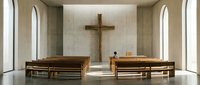 Modern minimalist chapel interior with wooden benches facing a large cross on neutral wall, flooded with natural light from tall windows, suitable for religious, spiritual, and architectural design projects.