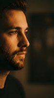 Handsome bearded man in profile with warm golden lighting and dramatic shadows creating moody atmospheric portrait for creative projects.