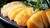 Fresh juicy pineapple slices arranged on black plate with mint garnish, close up view of tropical fruit dessert with natural lighting and selective focus.
