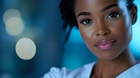 Young African woman with natural makeup and braided hairstyle against blurred blue bokeh background, suitable for beauty, wellness, and professional portrait use.