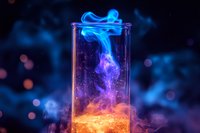 Mystical colorful smoke swirls in glass container with glowing orange base and ethereal blue wisps rising against dark background with bokeh lights.