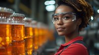 Young African American female brewery worker wearing safety glasses and red uniform smiles confidently while inspecting rows of amber beer bottles on production line.