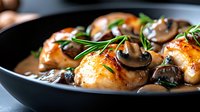 Golden seared chicken thighs with mushrooms and fresh rosemary in rich brown sauce. Comfort food cooking in cast iron skillet for restaurant menu design.