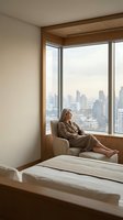 Young blonde woman in bathrobe relaxing by large window overlooking city skyline from luxury hotel room with warm morning light and urban view.
