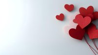 Red and pink paper hearts arranged as balloons on strings against light gray background, romantic minimalist composition for Valentine's Day cards and love messages.