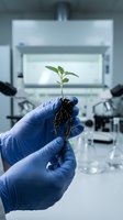 Scientist in blue gloves holding young plant seedling with exposed roots in modern laboratory for botanical research and agricultural development.