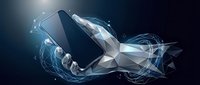 Modern smartphone with dynamic energy waves and light effects on dark background for technology and digital communication concepts.