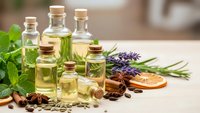 Essential oils in glass bottles with herbs, spices and natural ingredients for aromatherapy, wellness and holistic health treatments on wooden surface.