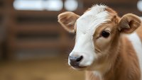 Young brown and white dairy calf with pink nose in modern barn facility for agriculture and livestock farming operations.