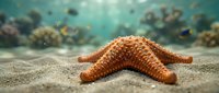 Orange starfish resting on sandy ocean floor with blurred coral reef background in tropical underwater marine environment for educational content.