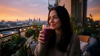 Woman with long dark hair and olive complexion holding a warm beverage on an urban rooftop terrace at sunset, surrounded by potted plants and city skyline views.
