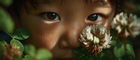 Young Asian child with blue eyes peeking through white clover flowers and green foliage in natural outdoor setting with soft lighting and dreamy atmosphere.