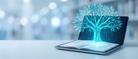 Glowing digital tree emerging from laptop screen representing artificial intelligence, machine learning, data science, and technology innovation in modern business environment.
