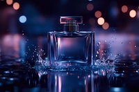Luxury glass perfume bottle with water splashes on dark background with bokeh lights. Dramatic product photography with blue and pink reflections.