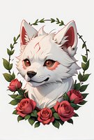 White fox portrait surrounded by red roses and green laurel wreath on light background, stylized anime character design with expressive eyes and gentle smile.