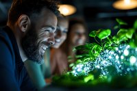 Bearded Caucasian man smiling while examining glowing green plants in dark environment. Innovative agricultural technology and indoor farming concept shown through dramatic lighting.