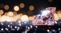 Pink diamond on dark surface with golden bokeh lights in background, luxury jewelry concept with sparkle and reflection on glittering surface.