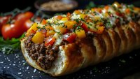 Gourmet stuffed bread filled with seasoned ground meat and topped with fresh diced tomatoes and herbs on dark slate surface for culinary presentations.