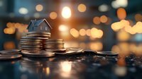 Miniature house model on stack of coins with warm bokeh lights background representing real estate investment, mortgage, property savings and financial planning.