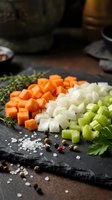 Fresh diced vegetables on dark slate board with herbs and spices for cooking preparation. Carrots, onions, celery ready for culinary use in recipes.