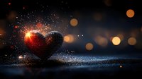 Glowing red heart shape with sparkles and glitter on dark background with bokeh lights creating romantic and magical atmosphere for Valentine designs.