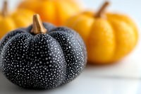 Black pumpkin decorated with white polka dots pattern in foreground, orange pumpkins blurred in background on white surface, modern Halloween decor.