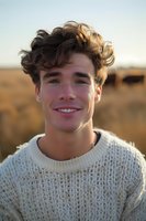 Young Caucasian man with curly brown hair wearing cream knit sweater smiles warmly at sunset in outdoor natural setting, golden hour portrait capturing genuine happiness.