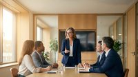 Diverse business team in meeting room discussing strategy and collaboration during corporate presentation with modern office interior and natural lighting.