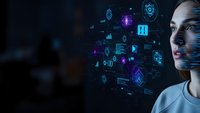 Young professional woman with digital technology icons and data visualization elements floating around her face in futuristic blue lighting for tech concepts.