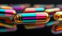 Colorful pharmaceutical capsules with metallic gold and vibrant gradient colors on dark background, macro photography showing medical pills in selective focus.