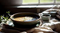 Steaming bowl of hot soup with natural light streaming through window, served with fresh herbs and dark ceramic side dish on rustic linen tablecloth. Cozy home dining.