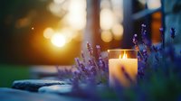 Lavender flowers surrounding lit candles at sunset, creating a serene outdoor ambiance for relaxation, wellness, and meditation themes.