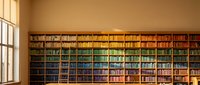 Massive library bookshelf wall with thousands of colorful books organized by color gradient from warm to cool tones in elegant reading room with natural light.