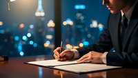 Professional businessman signing important contract documents at modern office desk with city lights bokeh background during evening hours.